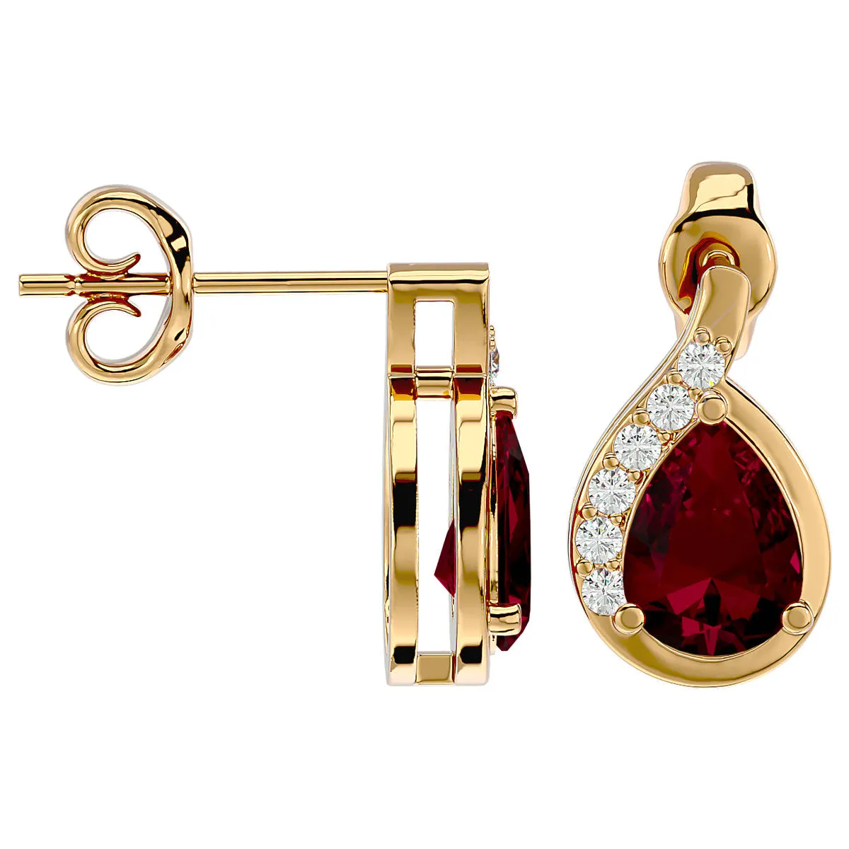 1 3/4 Carat Ruby And Diamond Pear Shape Stud Earrings In 14 Karat Yellow Gold