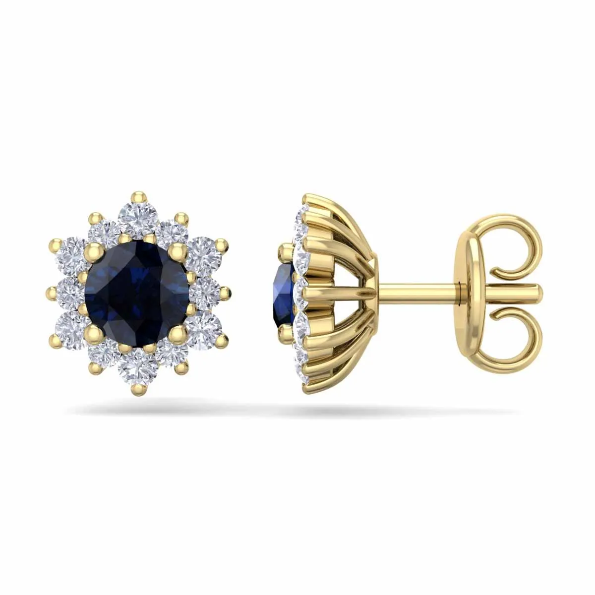 1 Carat Round Shape Flower Sapphire And Diamond Halo Stud Earrings In 14 Karat Yellow Gold