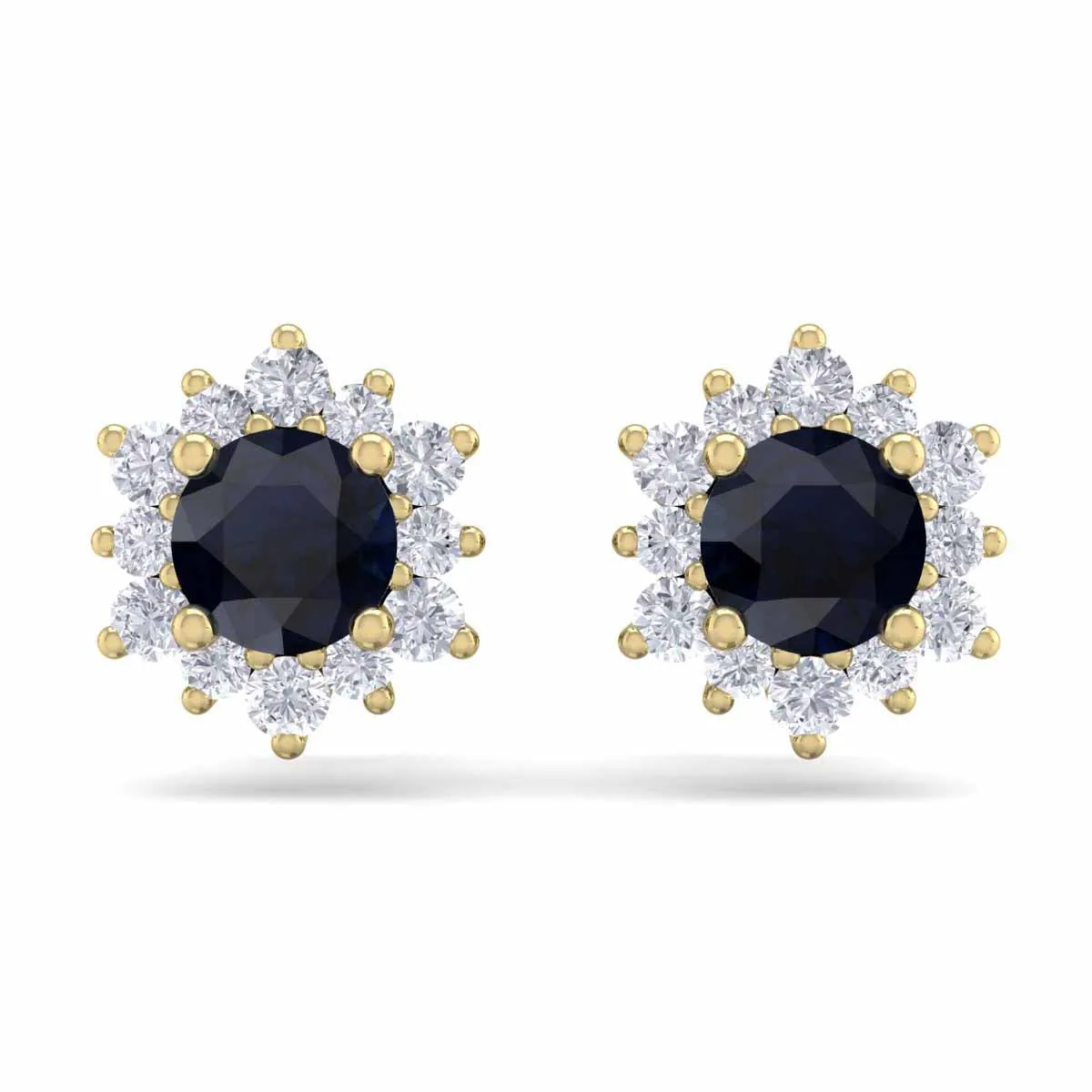 1 Carat Round Shape Flower Sapphire And Diamond Halo Stud Earrings In 14 Karat Yellow Gold