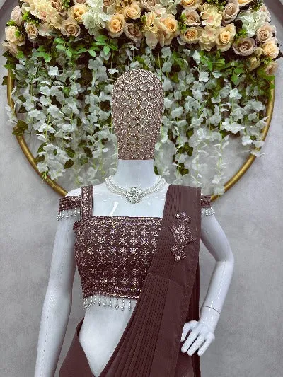 1 Min Brown Georgette Ruffle Stitched Readymade Saree And Blouse