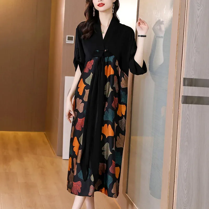 2024 Summer Silk Printed Mulberry Silk Midi Dress Fall Retro Casual 5XL Plus Size Long Sleeve Dress Elegant Women Vestidos