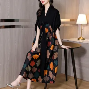 2024 Summer Silk Printed Mulberry Silk Midi Dress Fall Retro Casual 5XL Plus Size Long Sleeve Dress Elegant Women Vestidos