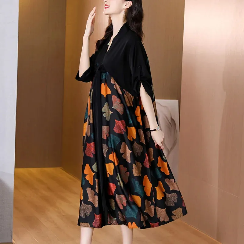 2024 Summer Silk Printed Mulberry Silk Midi Dress Fall Retro Casual 5XL Plus Size Long Sleeve Dress Elegant Women Vestidos