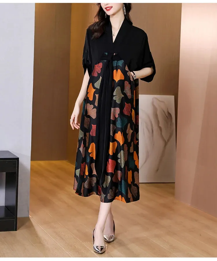 2024 Summer Silk Printed Mulberry Silk Midi Dress Fall Retro Casual 5XL Plus Size Long Sleeve Dress Elegant Women Vestidos