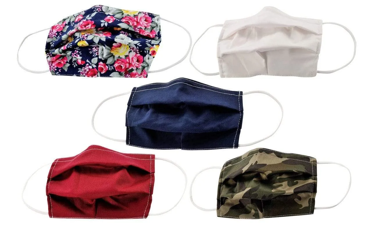 5-Pack Pleated Reusable Cotton Non-Medical Masks with Adjustable Nose Bridge