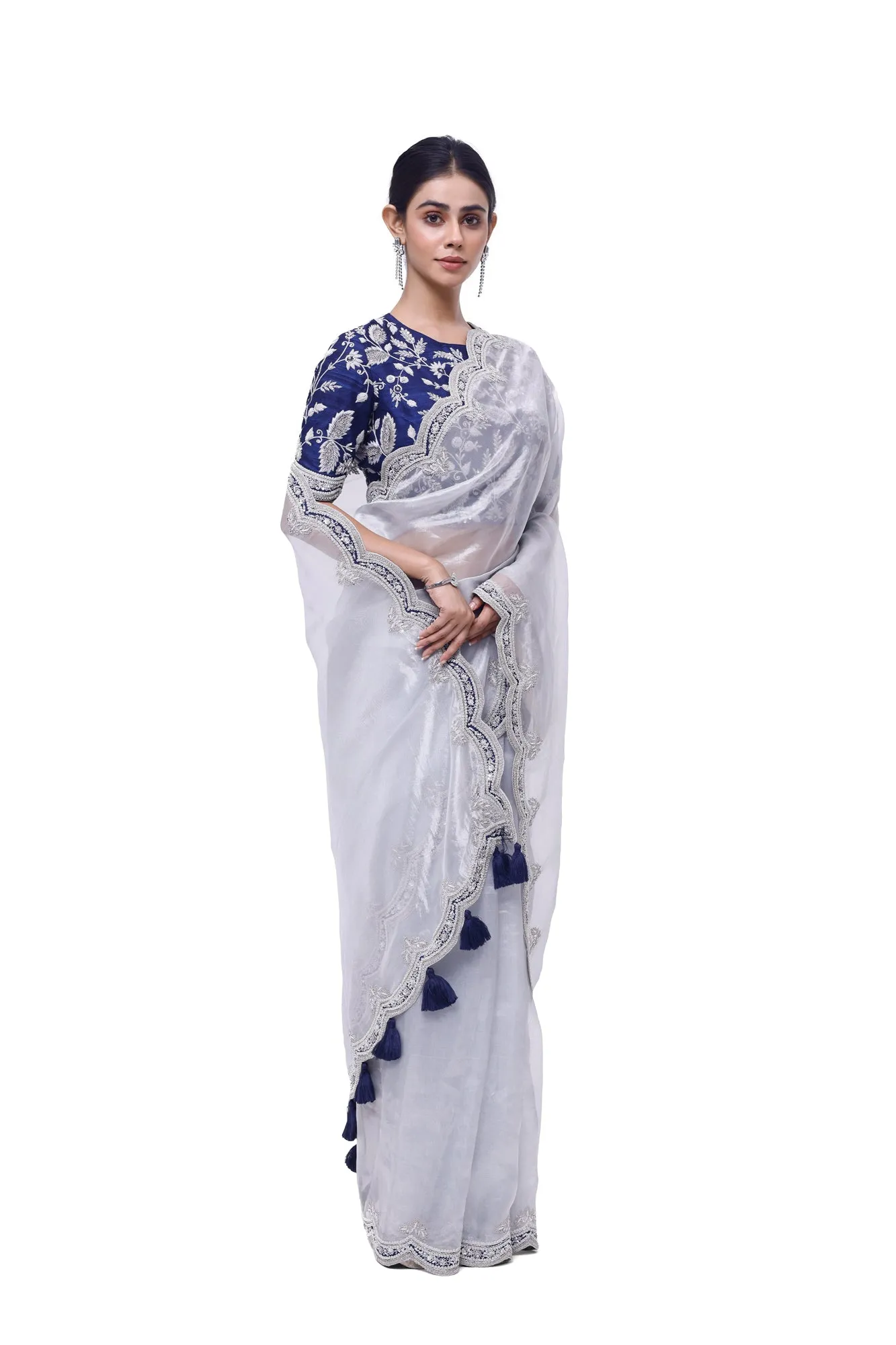 90Y010-RO Silver Embroidered Organza Saree with Blue Blouse