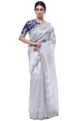 90Y010-RO Silver Embroidered Organza Saree with Blue Blouse