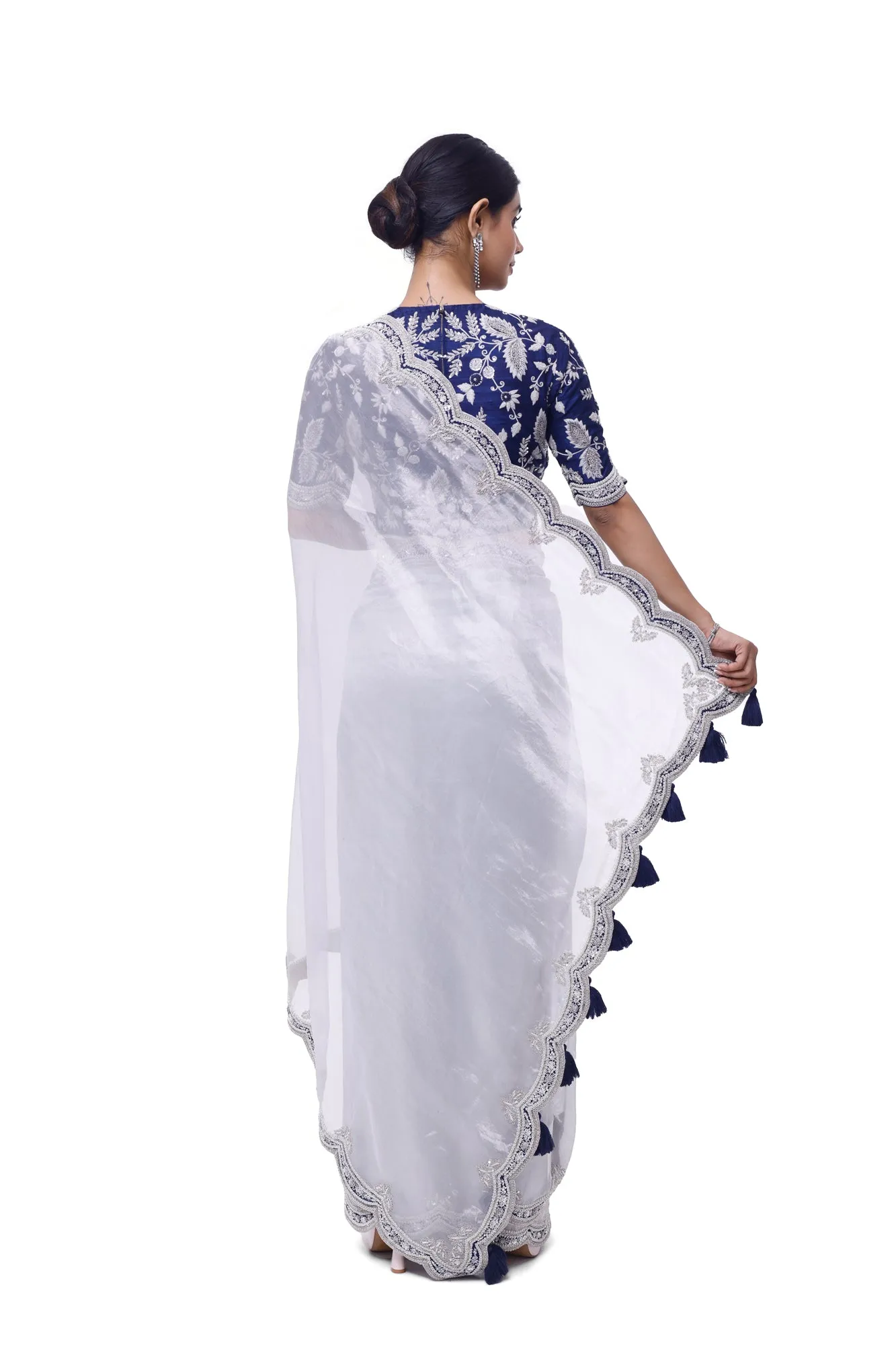 90Y010-RO Silver Embroidered Organza Saree with Blue Blouse