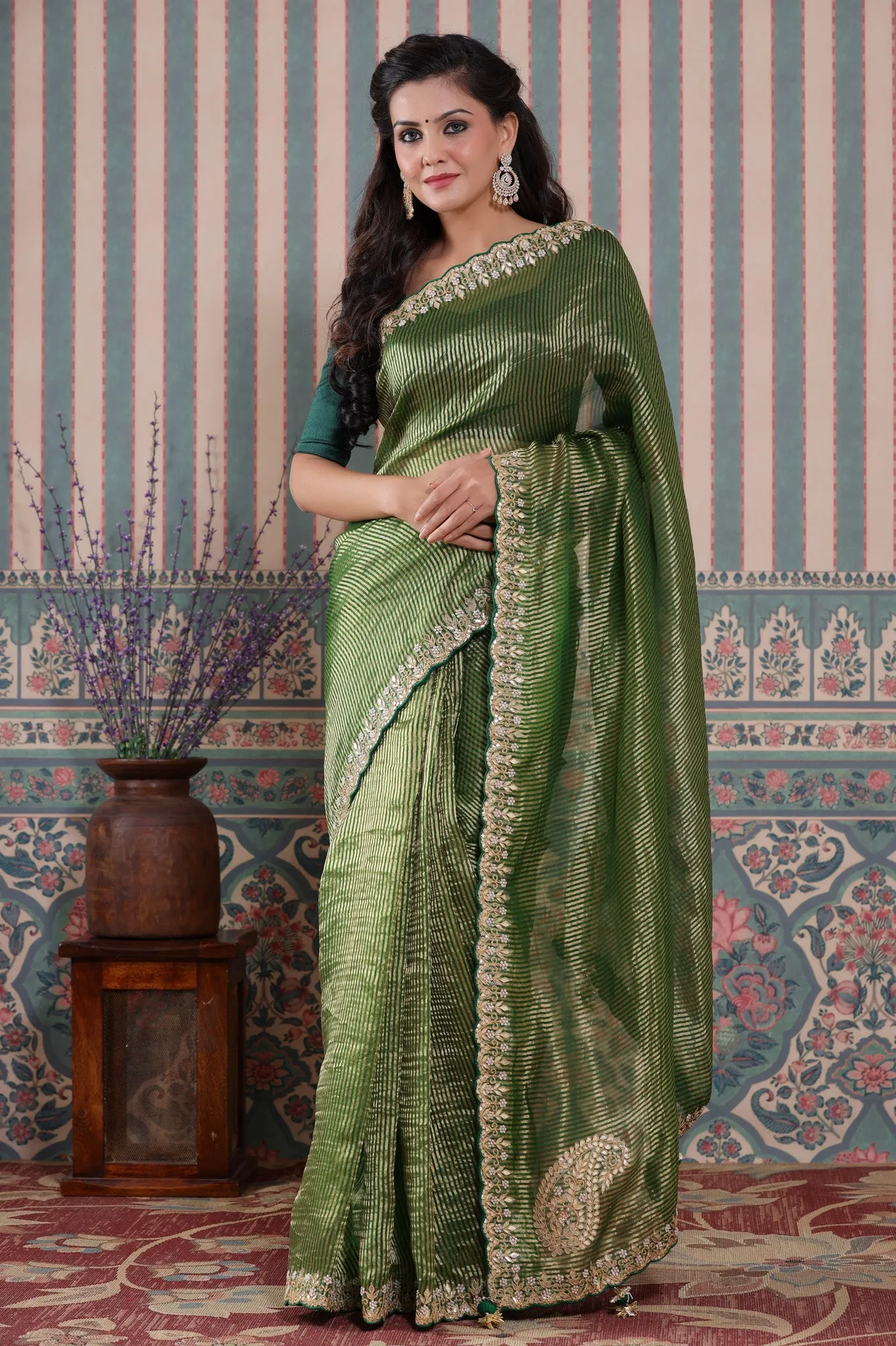 90Z583-NRO Mehendi Green Embroidered Tissue Silk Banarasi Saree