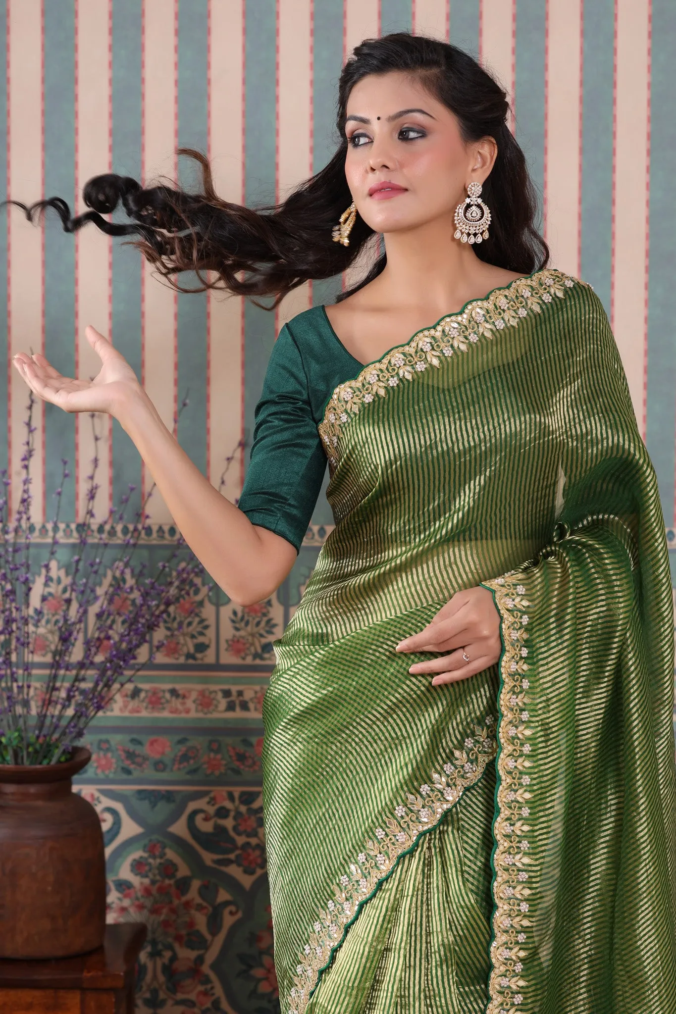 90Z583-NRO Mehendi Green Embroidered Tissue Silk Banarasi Saree