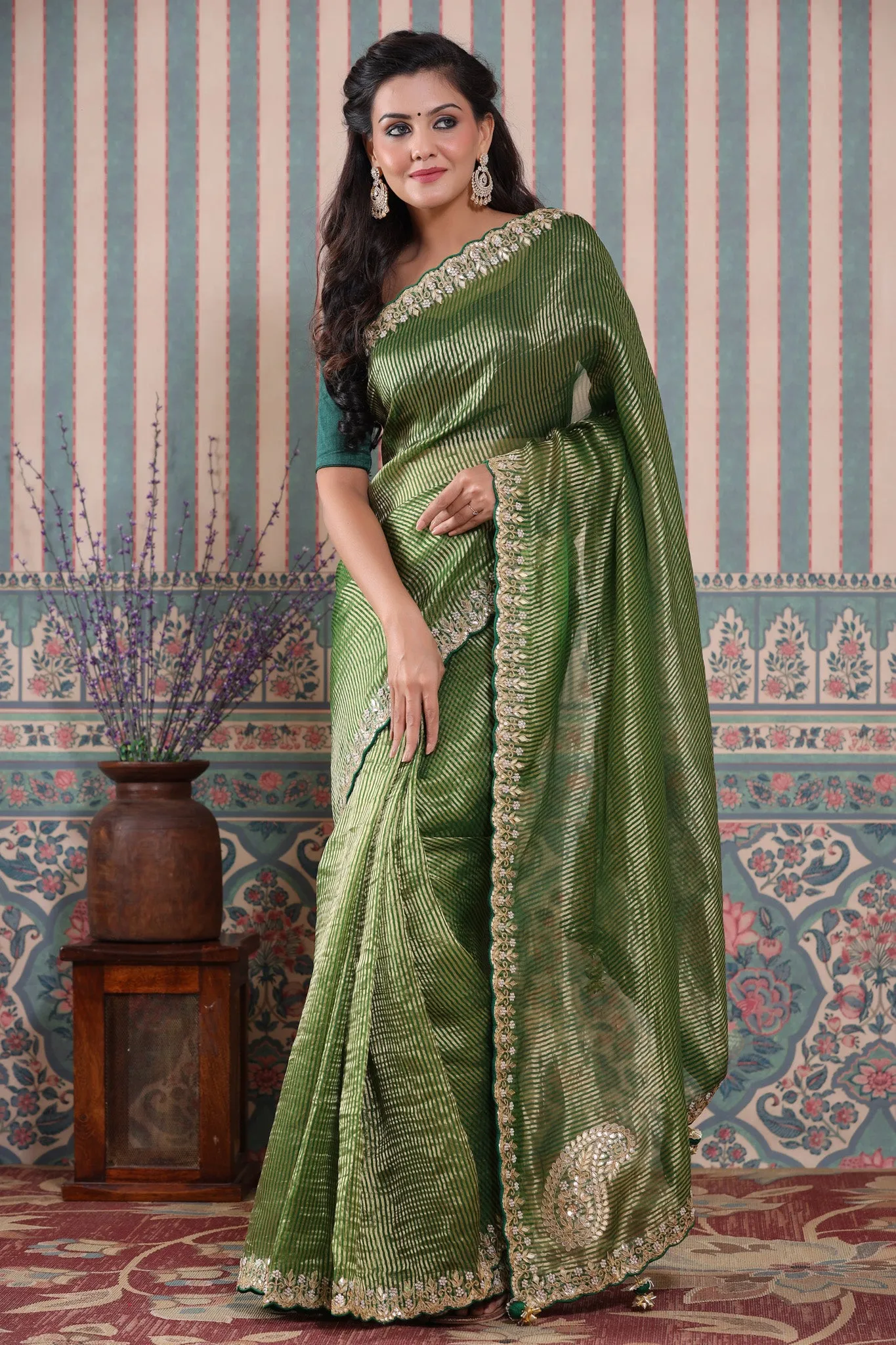 90Z583-NRO Mehendi Green Embroidered Tissue Silk Banarasi Saree