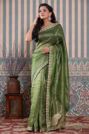 90Z583-NRO Mehendi Green Embroidered Tissue Silk Banarasi Saree