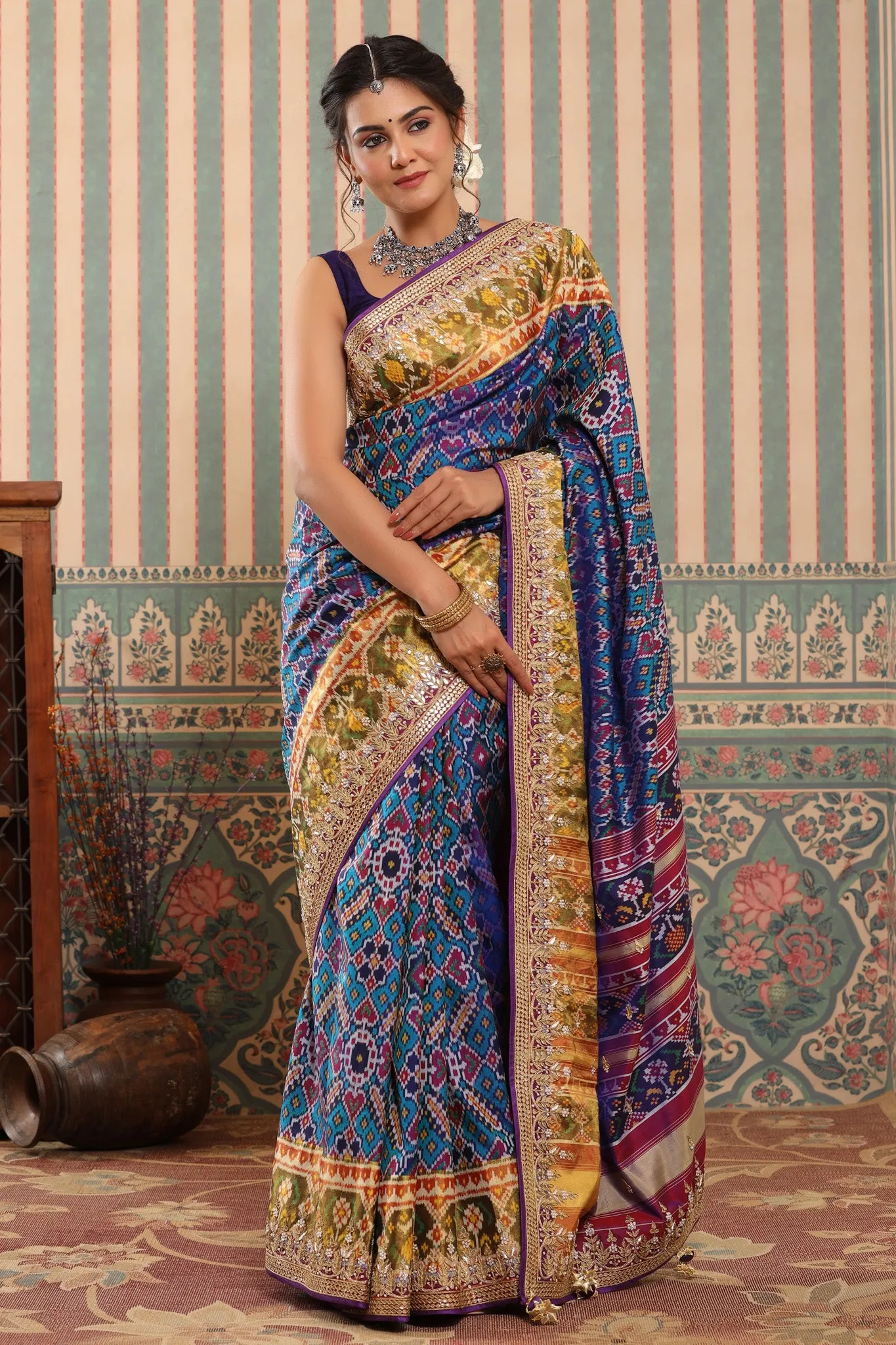 90Z593-RO Blue Patola Silk Sari with Embroidered Zari Border