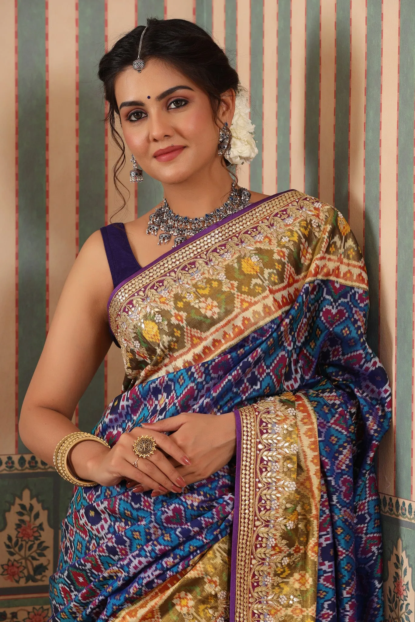 90Z593-RO Blue Patola Silk Sari with Embroidered Zari Border