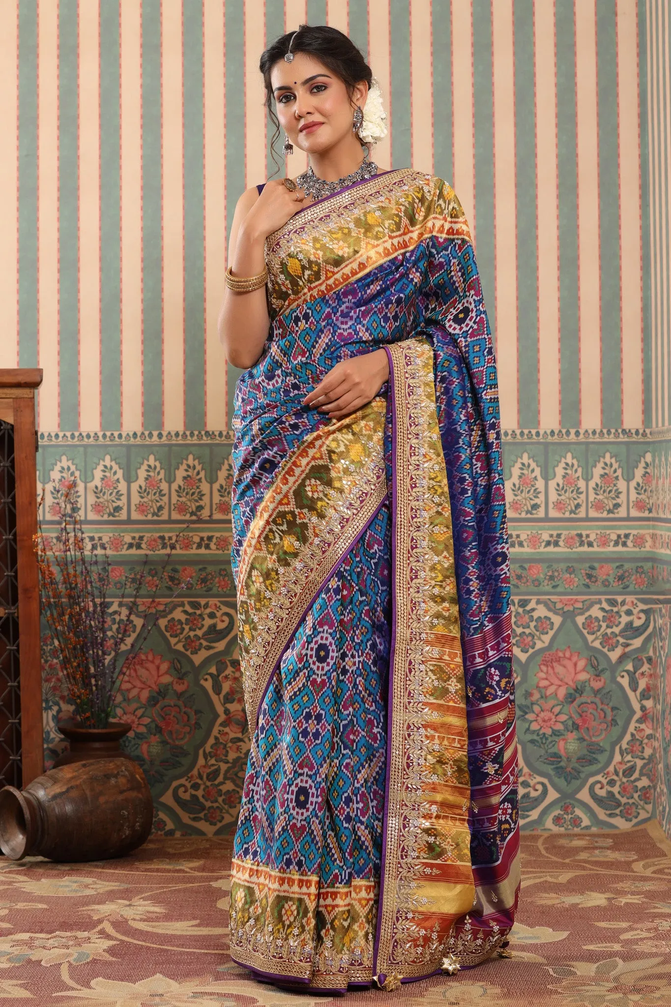 90Z593-RO Blue Patola Silk Sari with Embroidered Zari Border