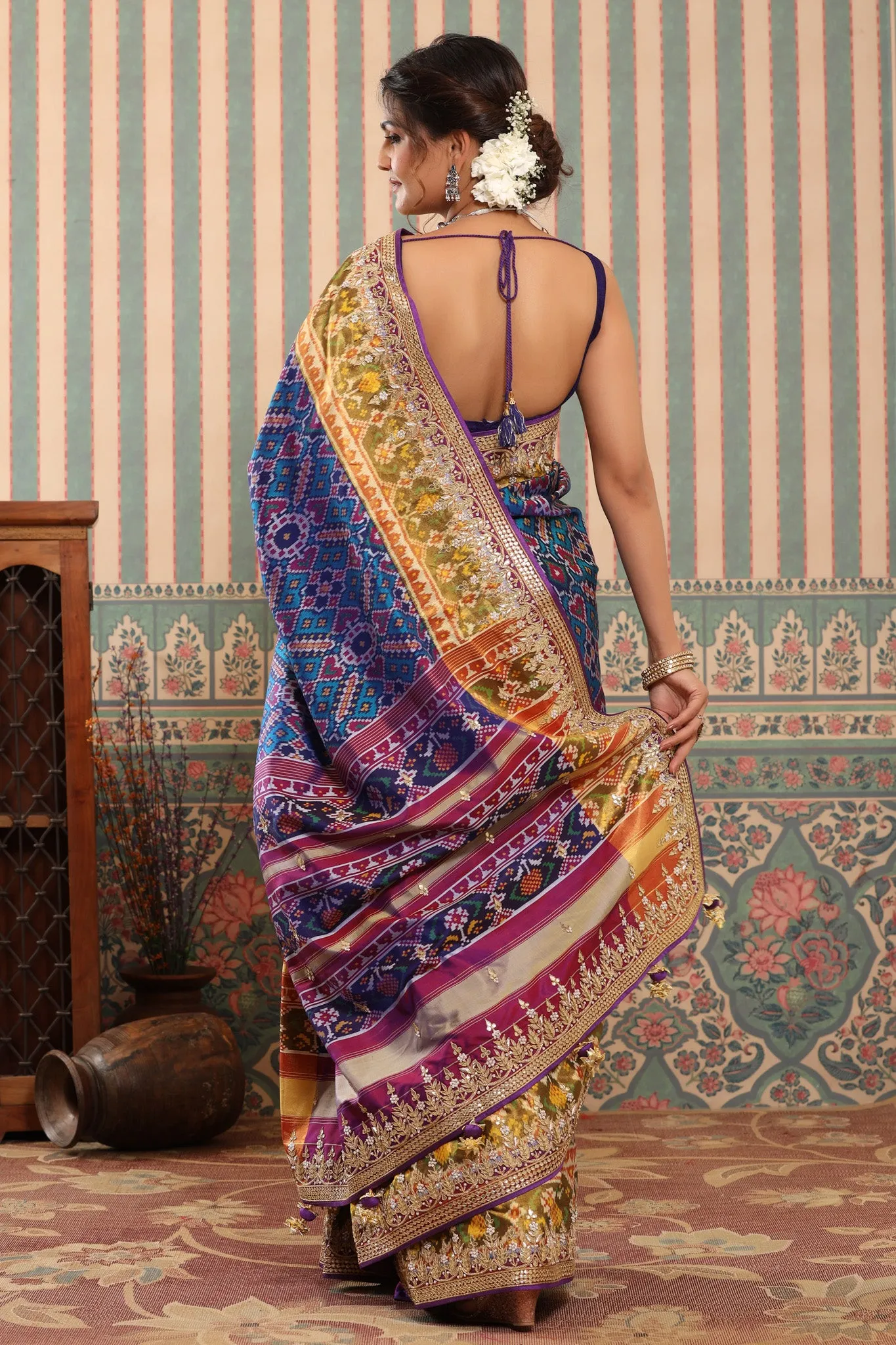 90Z593-RO Blue Patola Silk Sari with Embroidered Zari Border