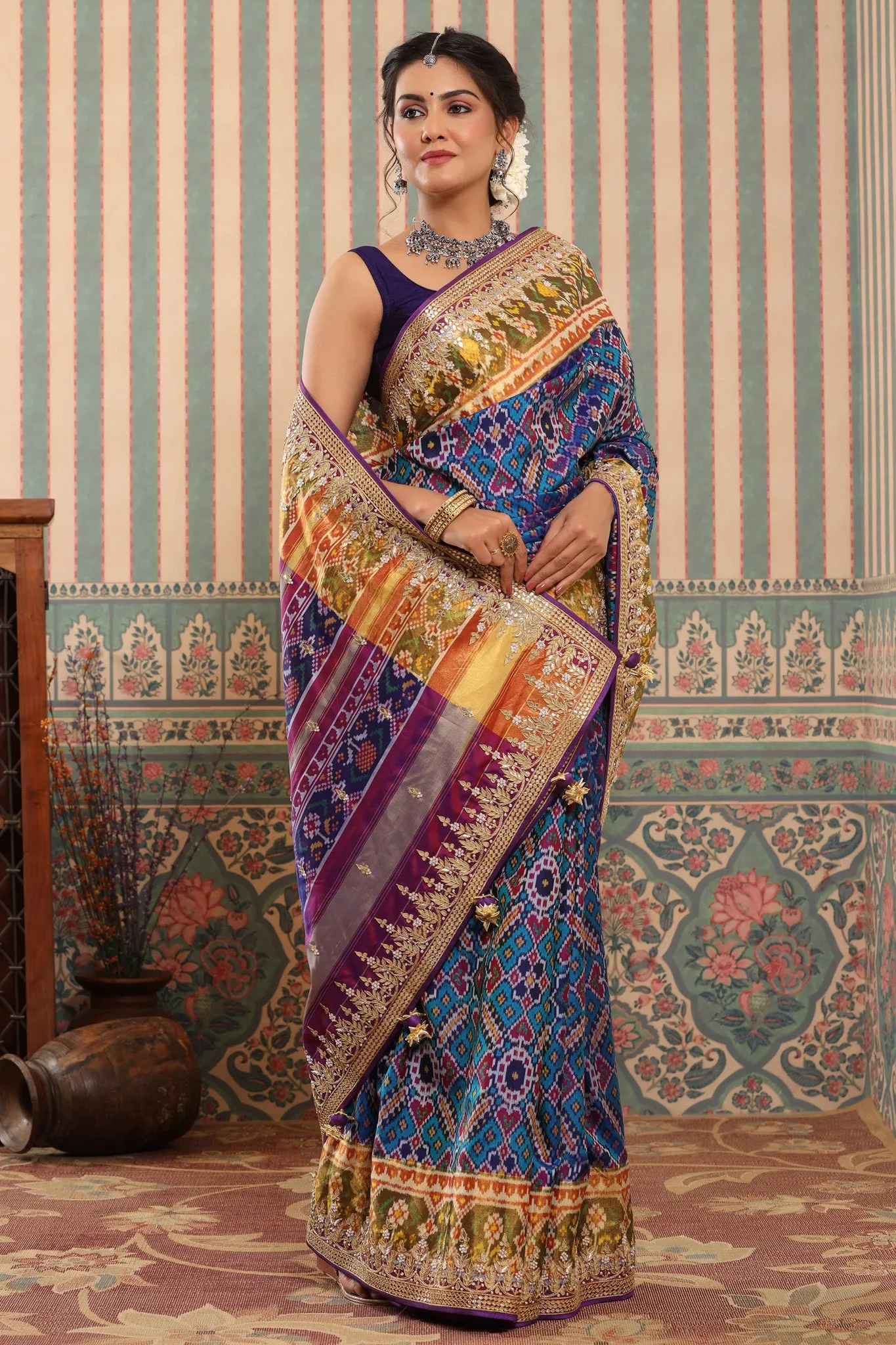 90Z593-RO Blue Patola Silk Sari with Embroidered Zari Border