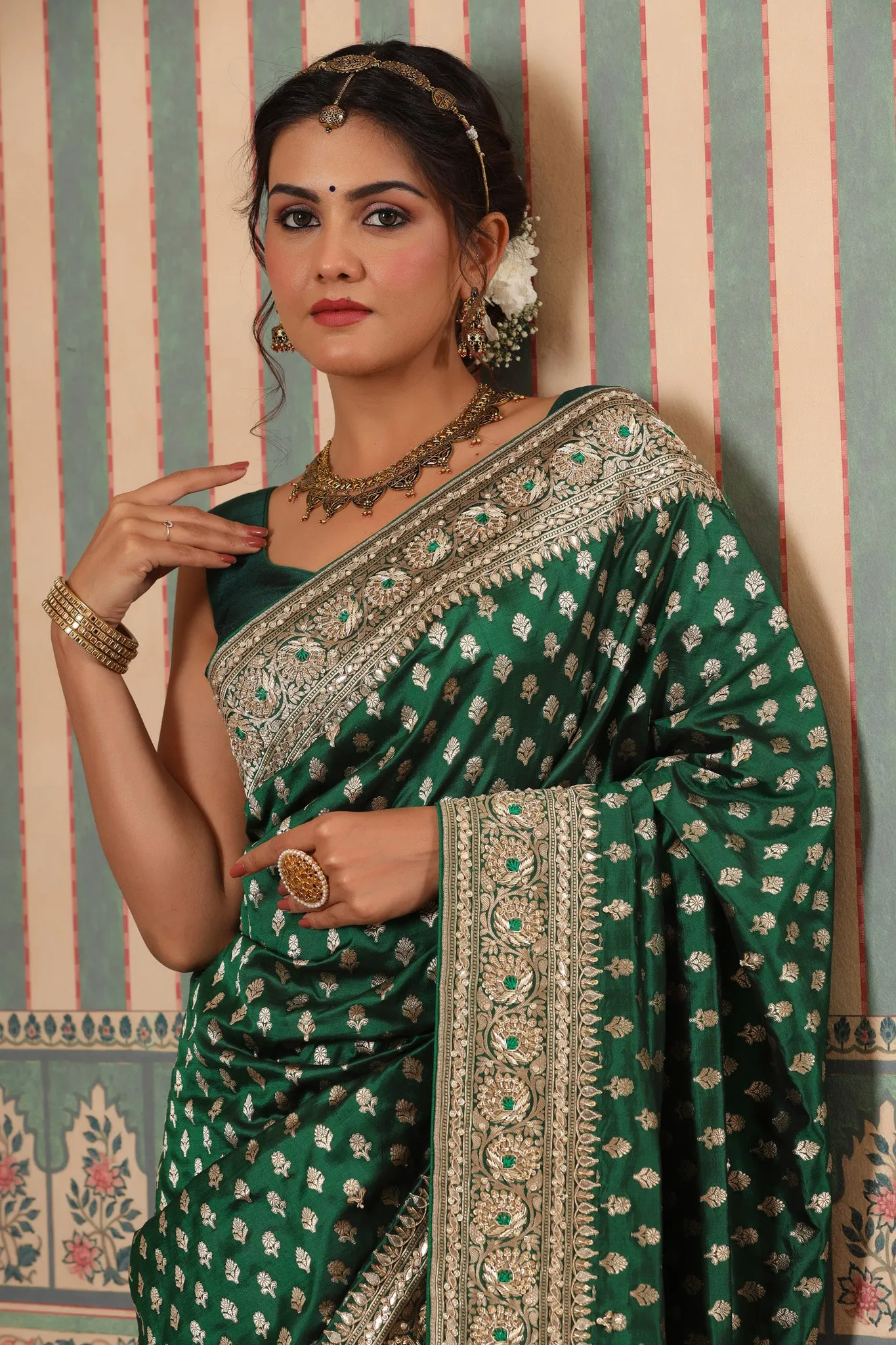 90Z643-RO Bottle Green Banarasi Saree with Embroidered Border