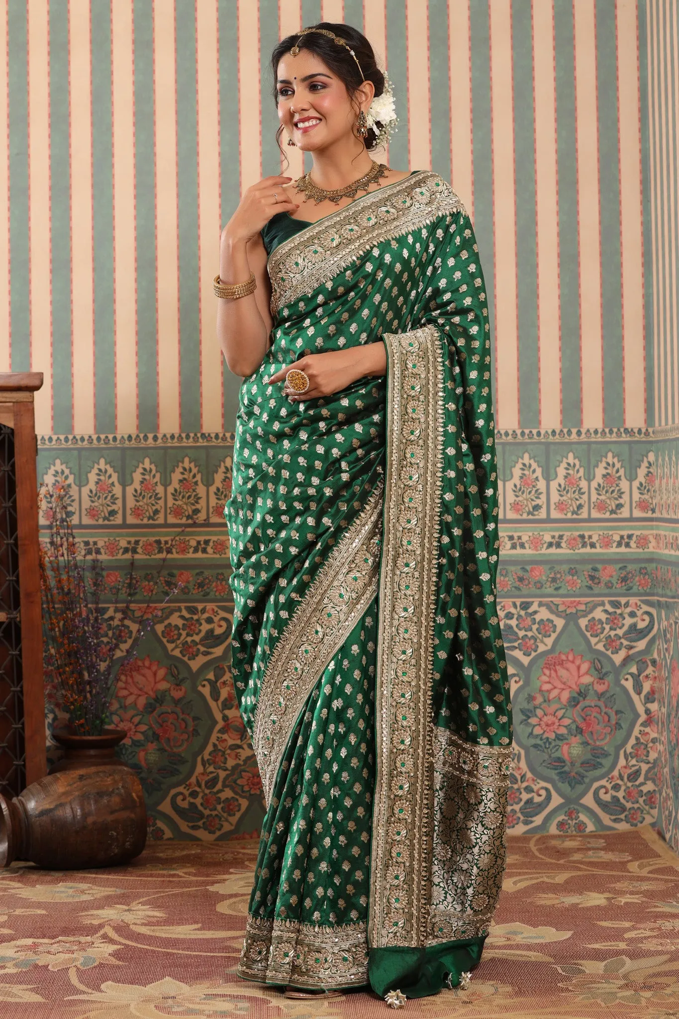 90Z643-RO Bottle Green Banarasi Saree with Embroidered Border