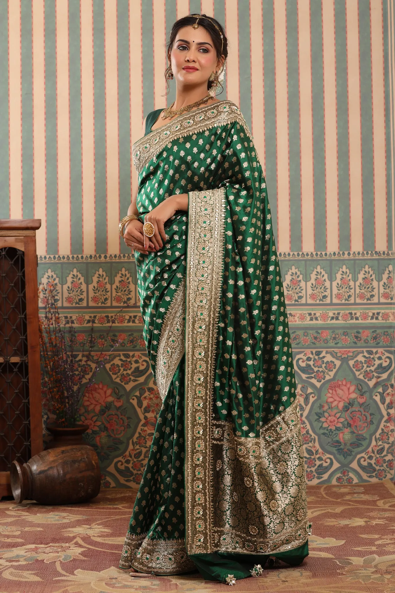 90Z643-RO Bottle Green Banarasi Saree with Embroidered Border