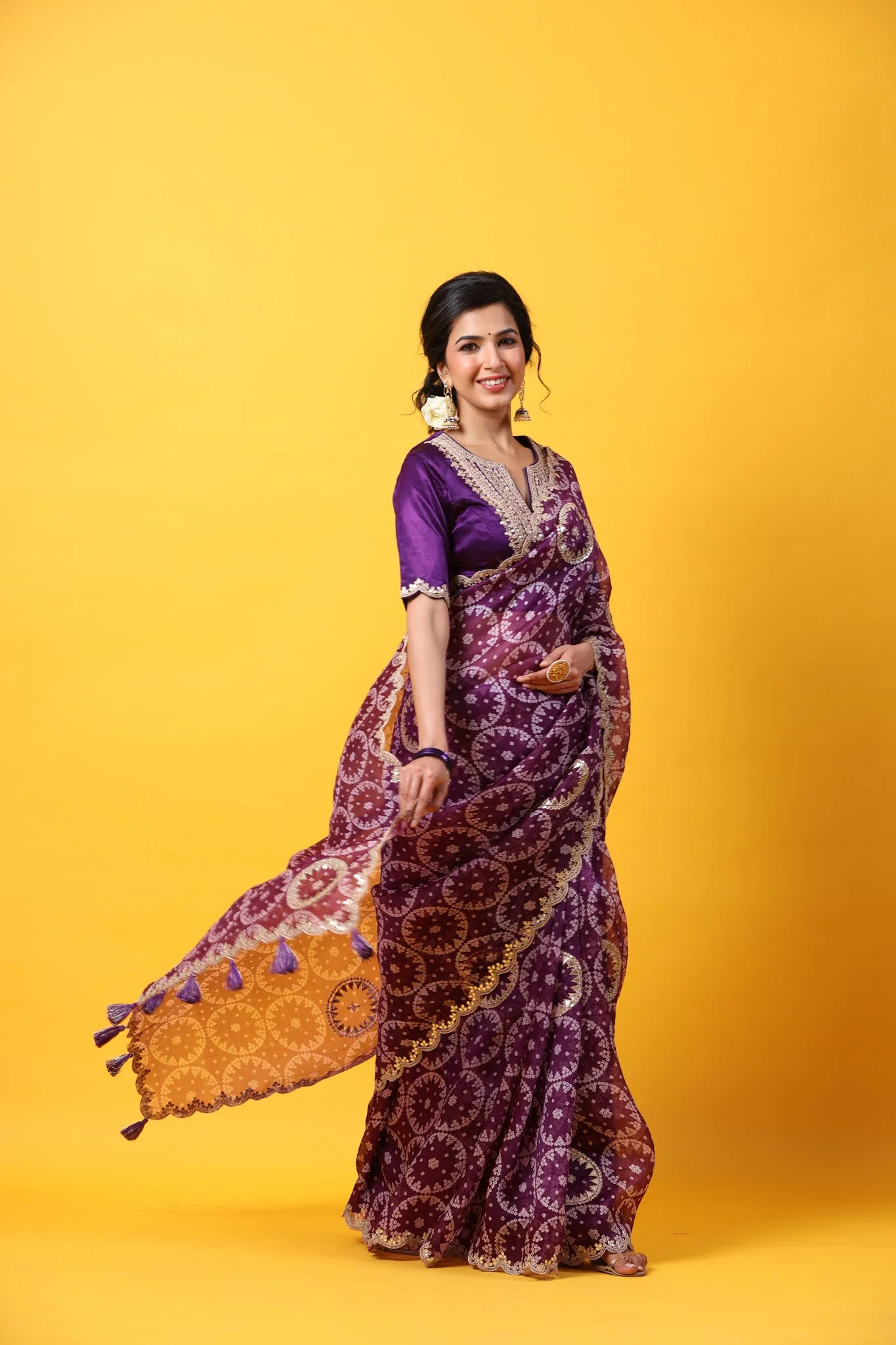 90Z651-RO Purple Printed Organza Saree with Scalloped Border