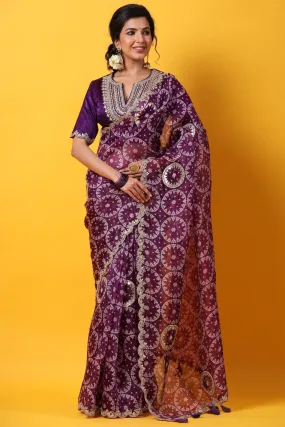 90Z651-RO Purple Printed Organza Saree with Scalloped Border