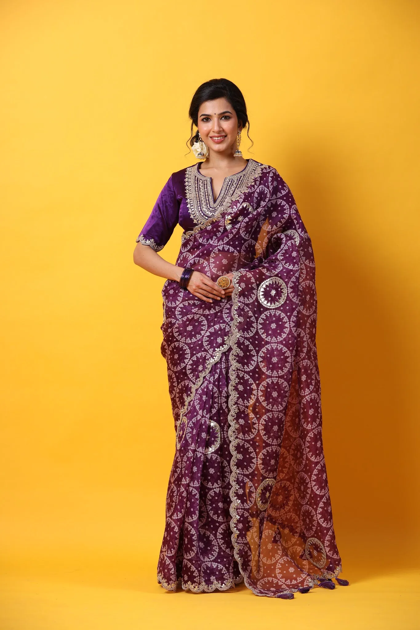 90Z651-RO Purple Printed Organza Saree with Scalloped Border