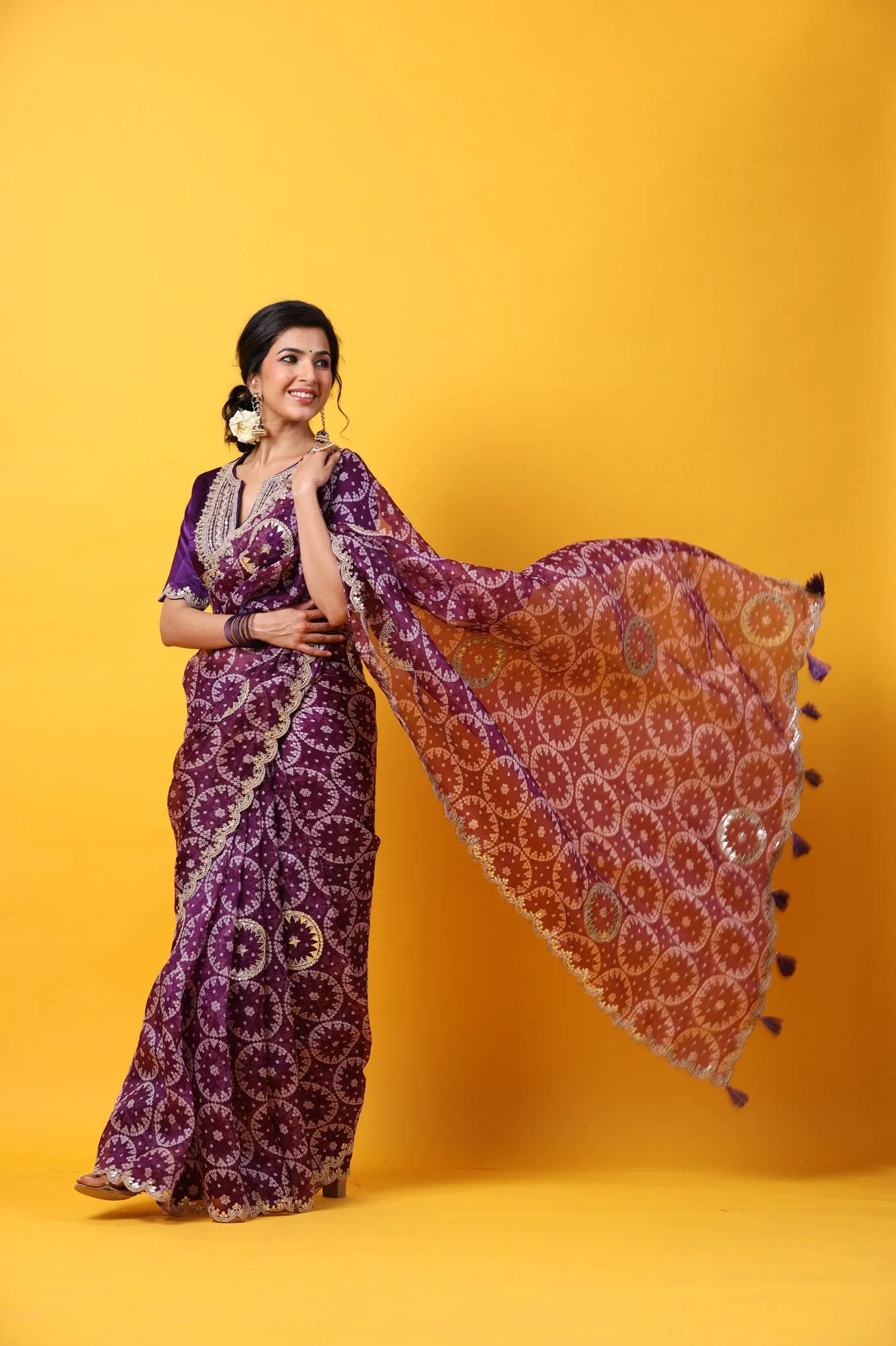 90Z651-RO Purple Printed Organza Saree with Scalloped Border