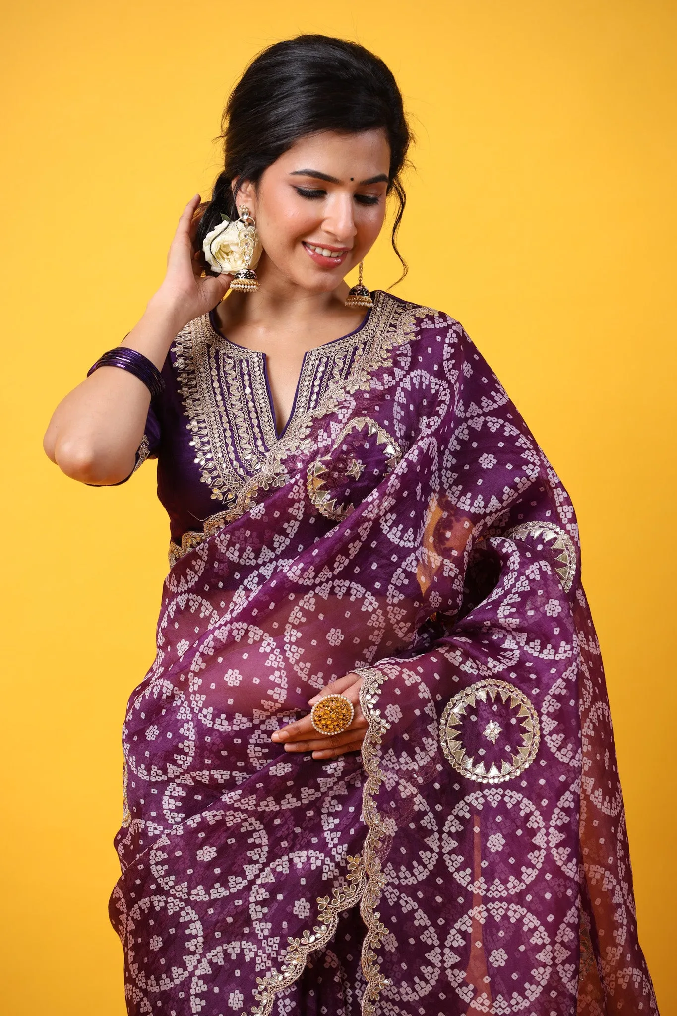 90Z651-RO Purple Printed Organza Saree with Scalloped Border