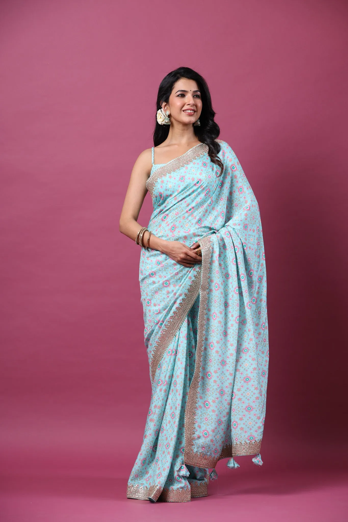 90Z663-NRO Powder Blue Mulberry Silk Saree with Embroidered Border