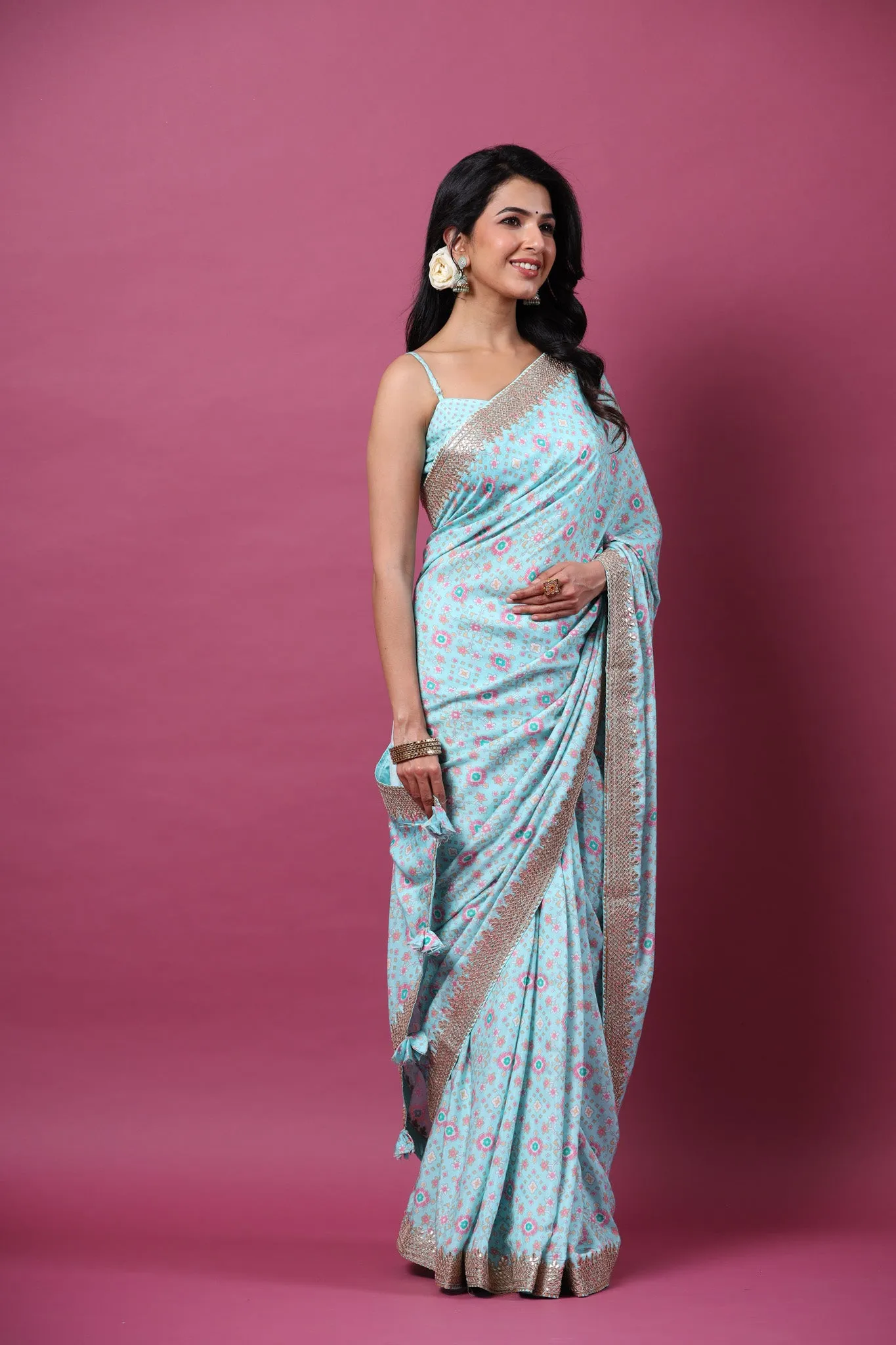 90Z663-NRO Powder Blue Mulberry Silk Saree with Embroidered Border