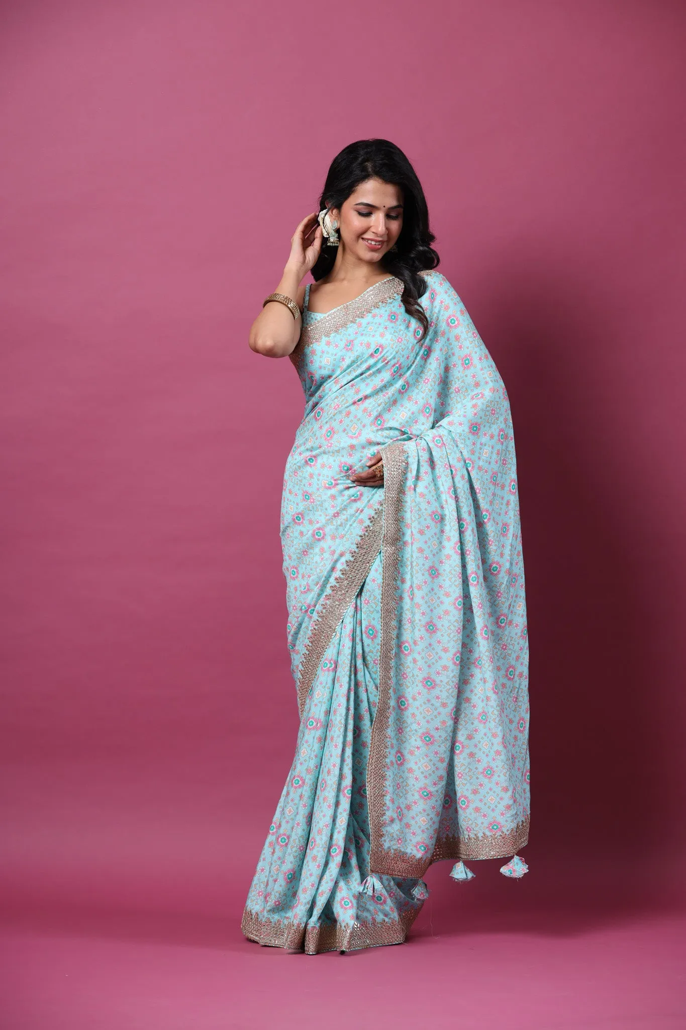 90Z663-NRO Powder Blue Mulberry Silk Saree with Embroidered Border