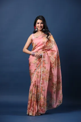 90Z686-RO Light Pink Embroidered Floral Organza Silk Sari