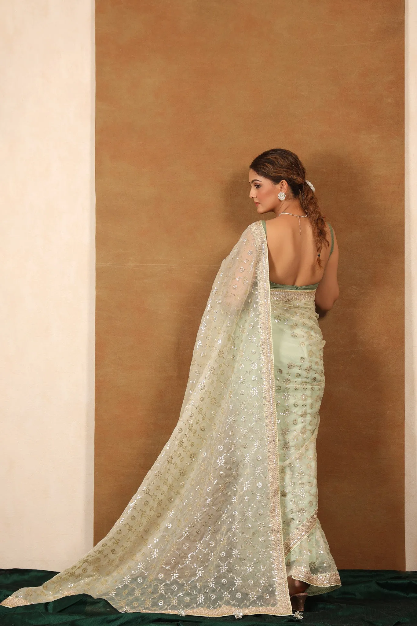 90Z720-NRO Mint Green Embroidered Organza Silk Saree