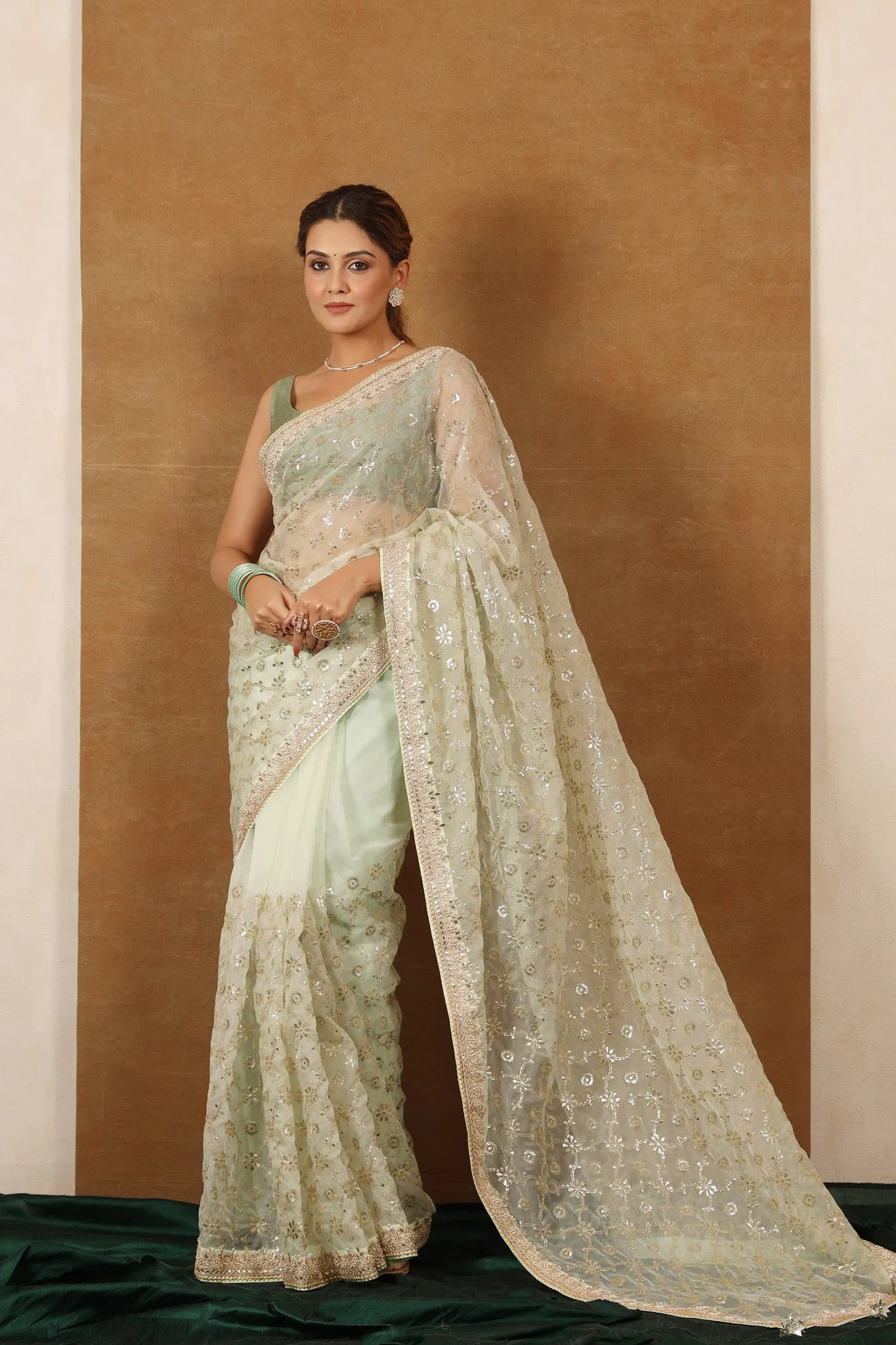 90Z720-NRO Mint Green Embroidered Organza Silk Saree