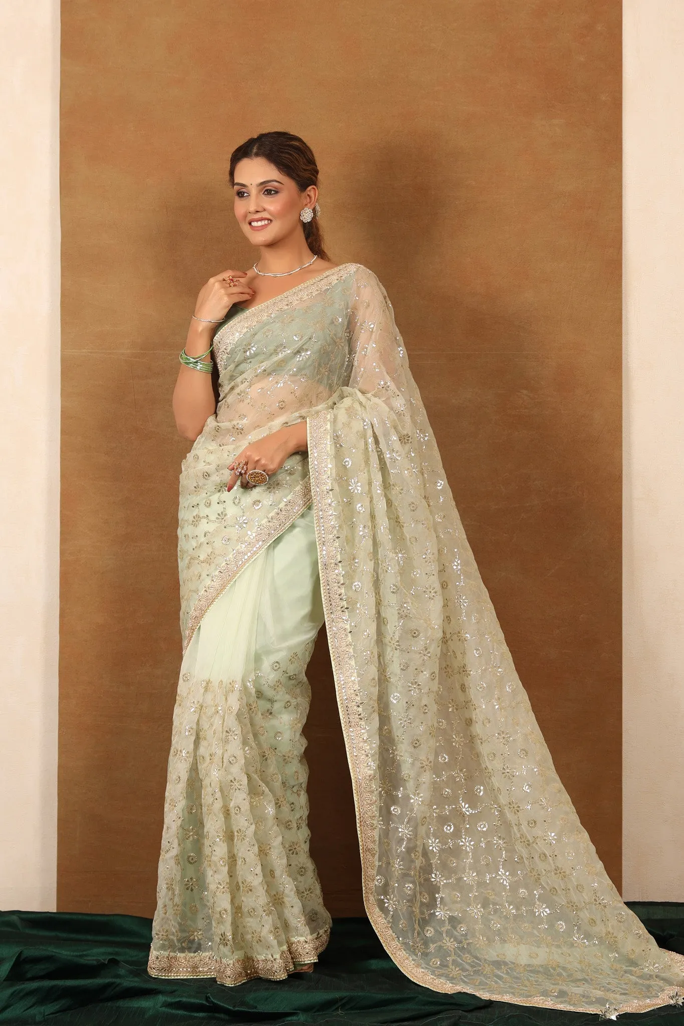 90Z720-NRO Mint Green Embroidered Organza Silk Saree