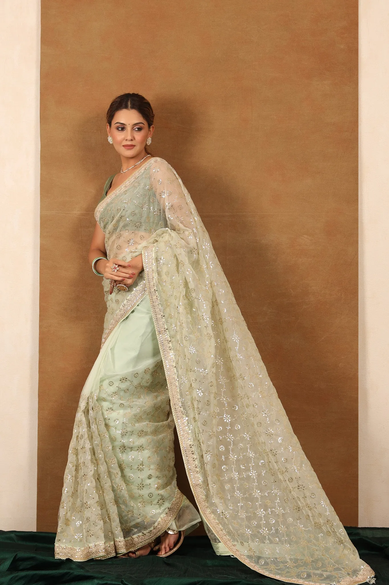 90Z720-NRO Mint Green Embroidered Organza Silk Saree