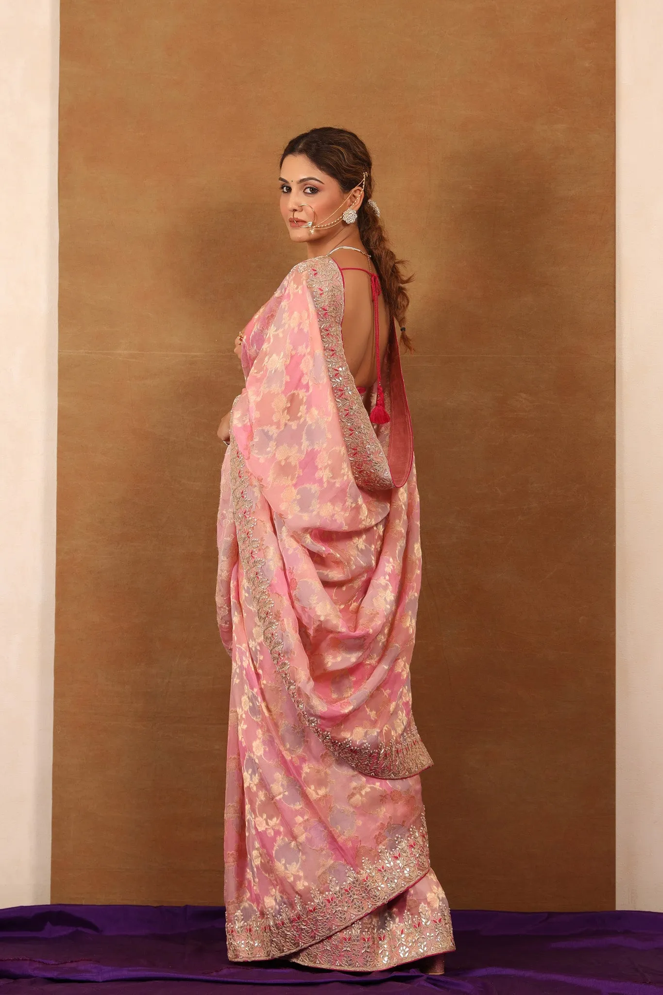 90Z741-NRO Shaded Pink Embroidered Mashru Silk Saree