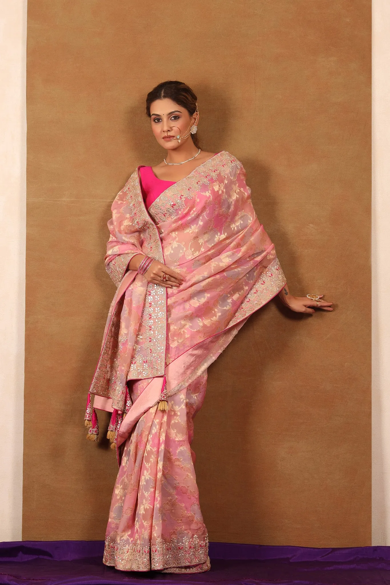 90Z741-NRO Shaded Pink Embroidered Mashru Silk Saree