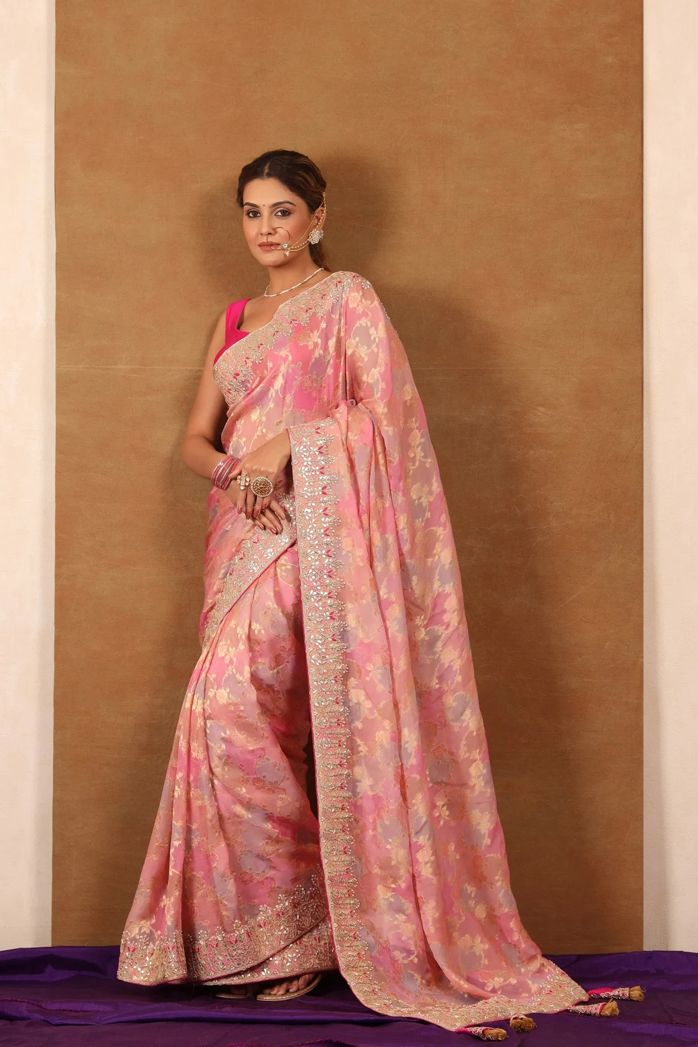 90Z741-NRO Shaded Pink Embroidered Mashru Silk Saree