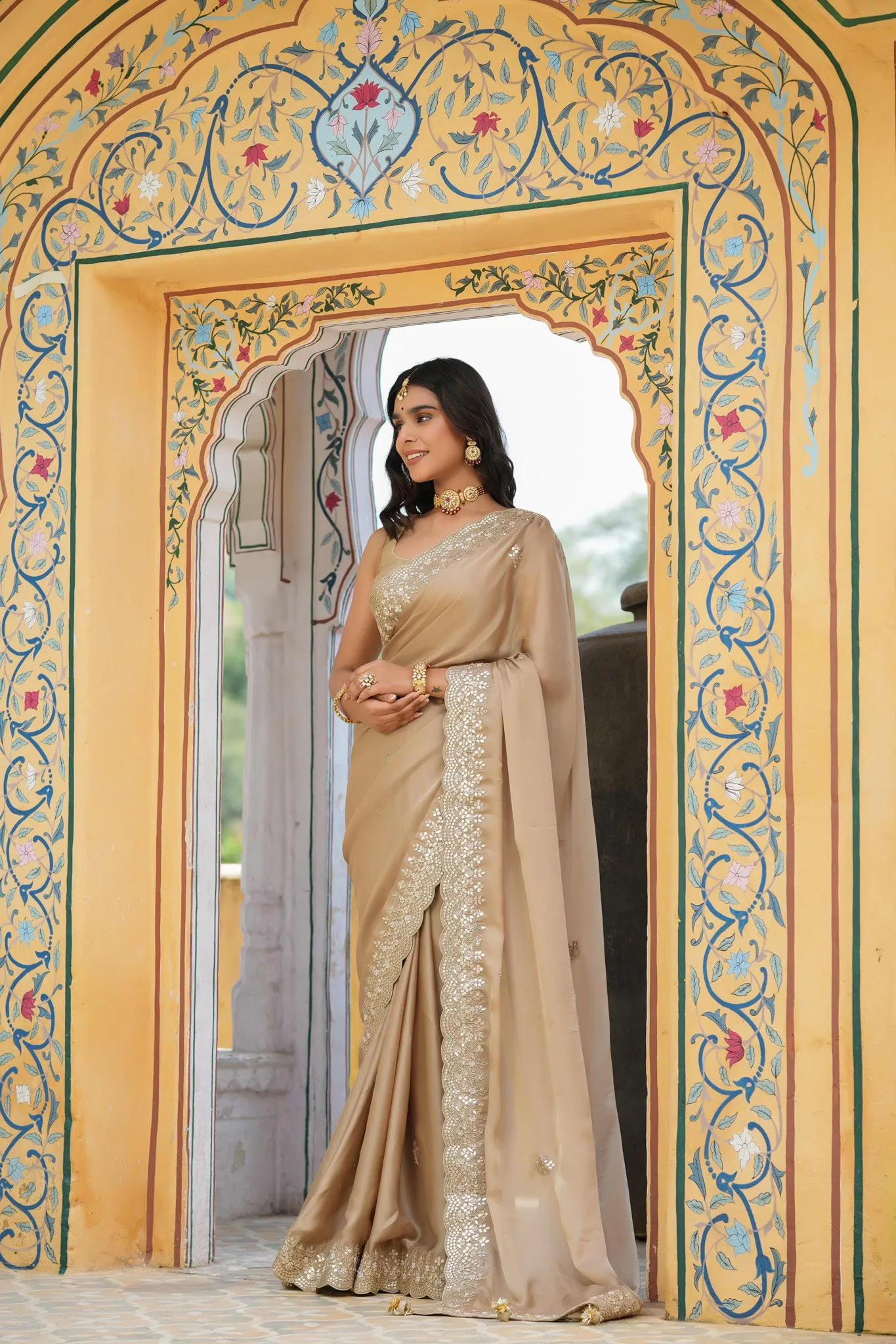 90Z761-RO Beige Tussar Georgette Saree with Embroidered Border