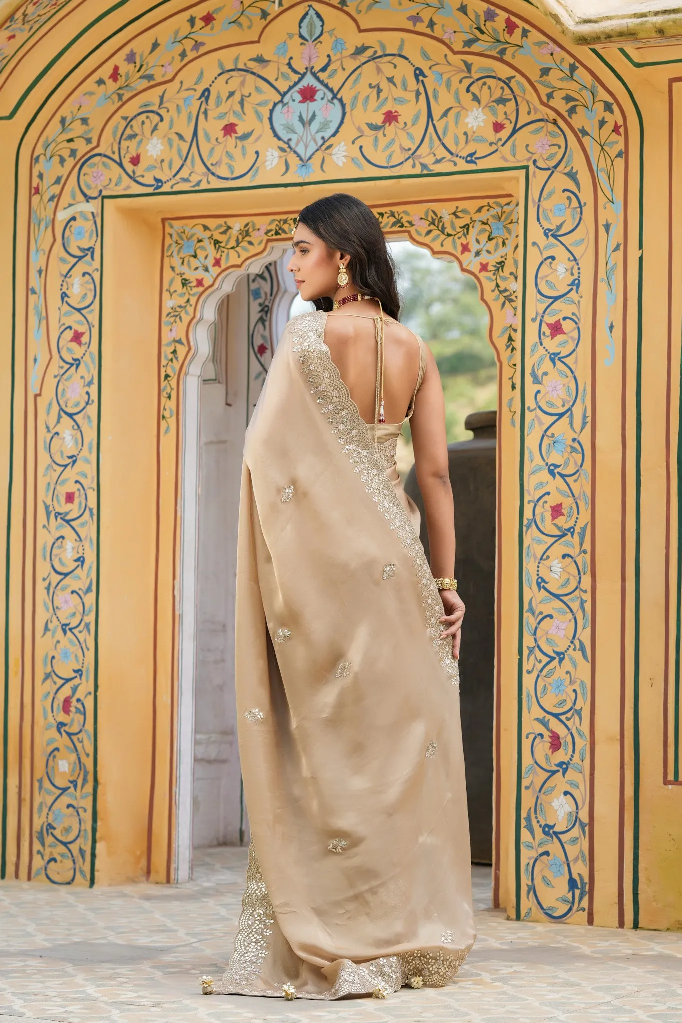 90Z761-RO Beige Tussar Georgette Saree with Embroidered Border