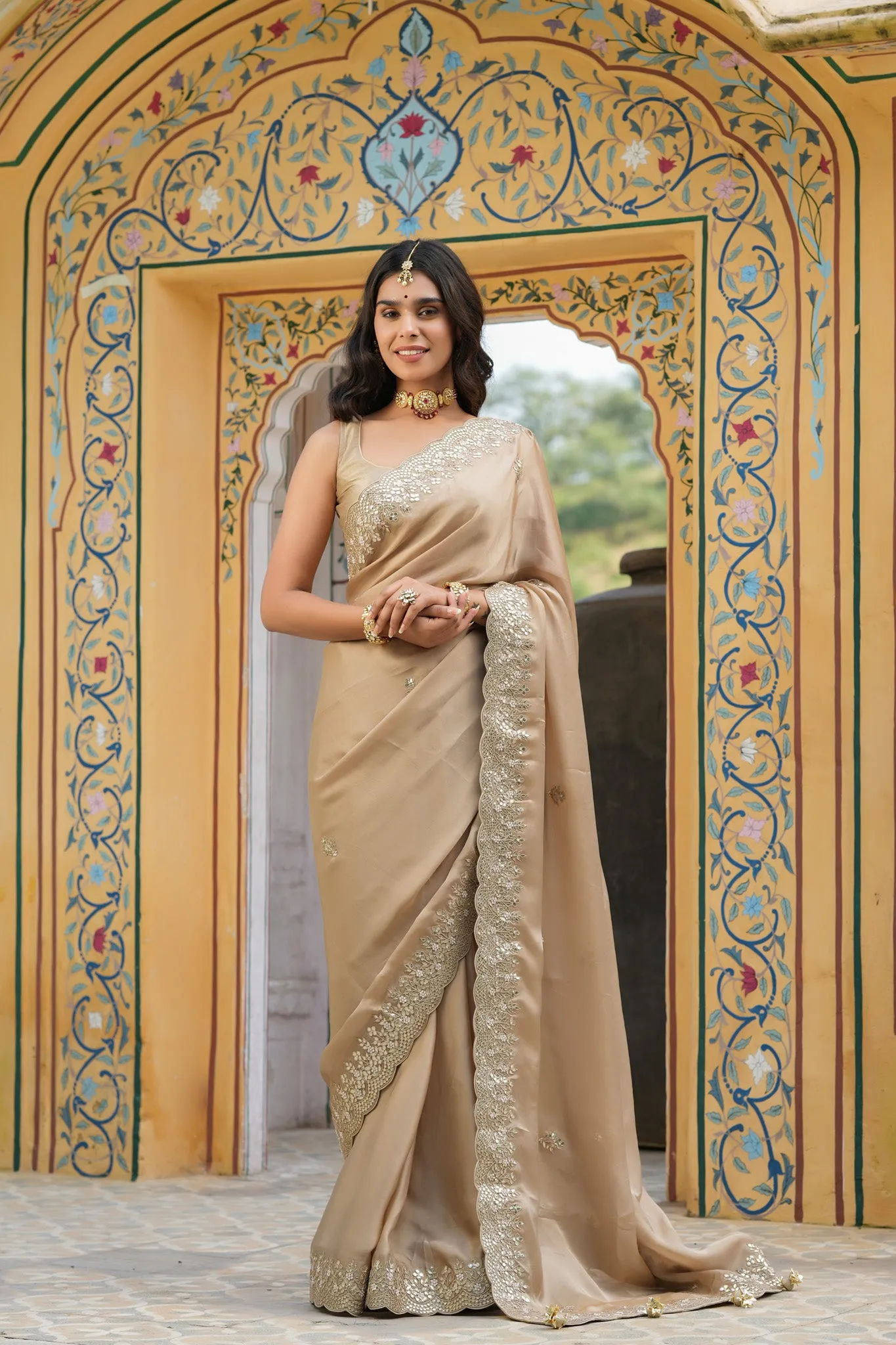 90Z761-RO Beige Tussar Georgette Saree with Embroidered Border