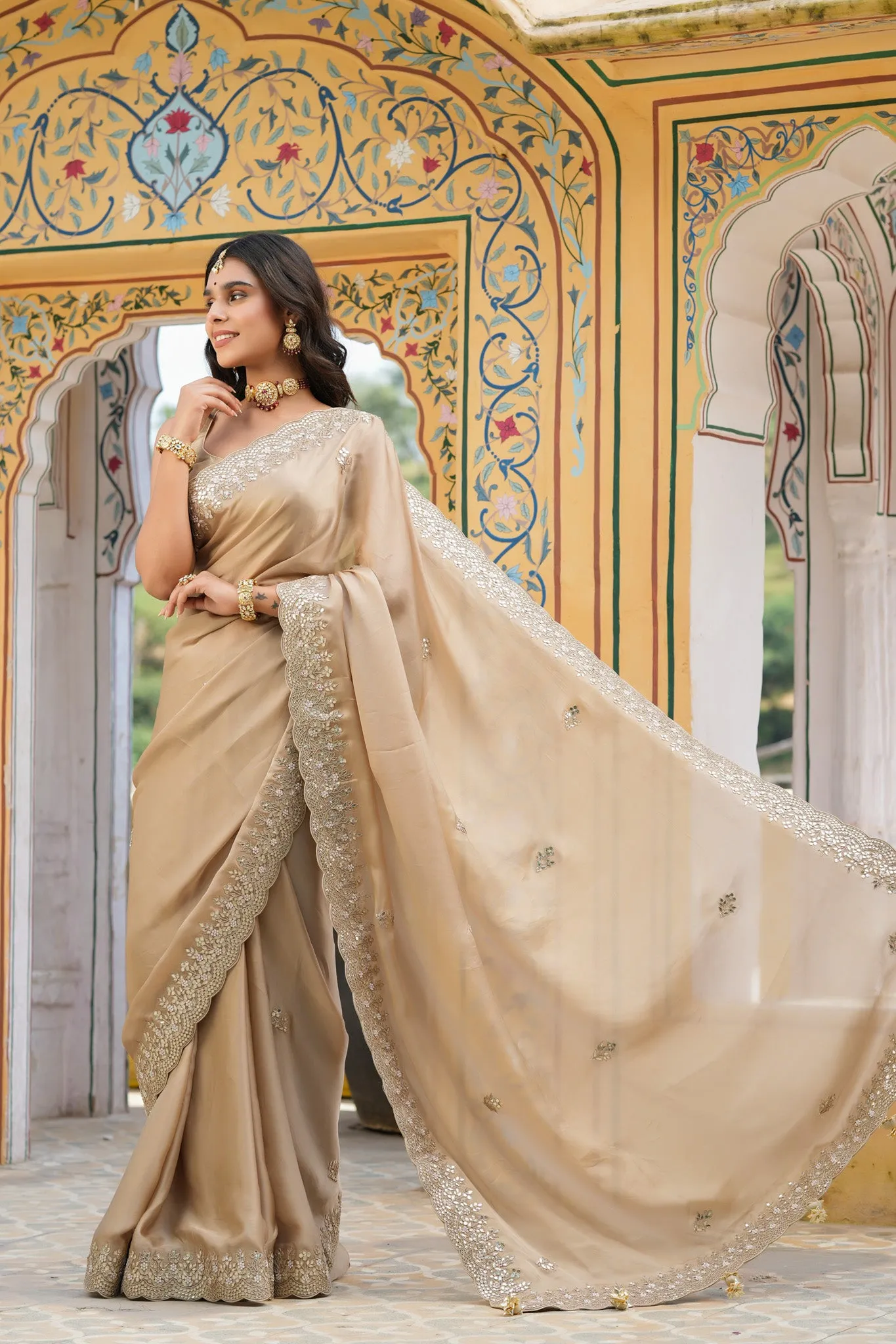 90Z761-RO Beige Tussar Georgette Saree with Embroidered Border