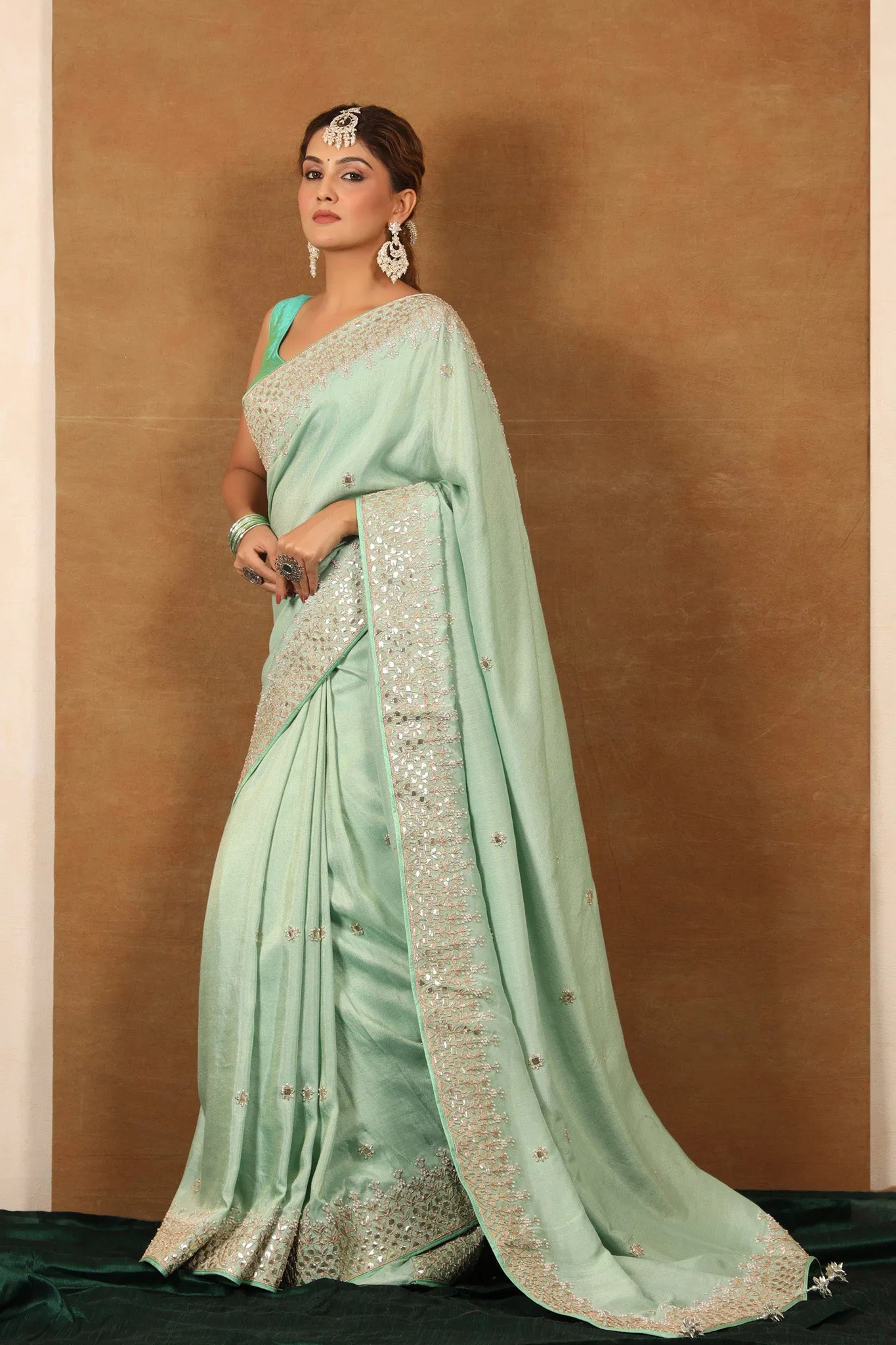 90Z776-RO Mint Green Tussar Georgette Saree with Gota Work Border