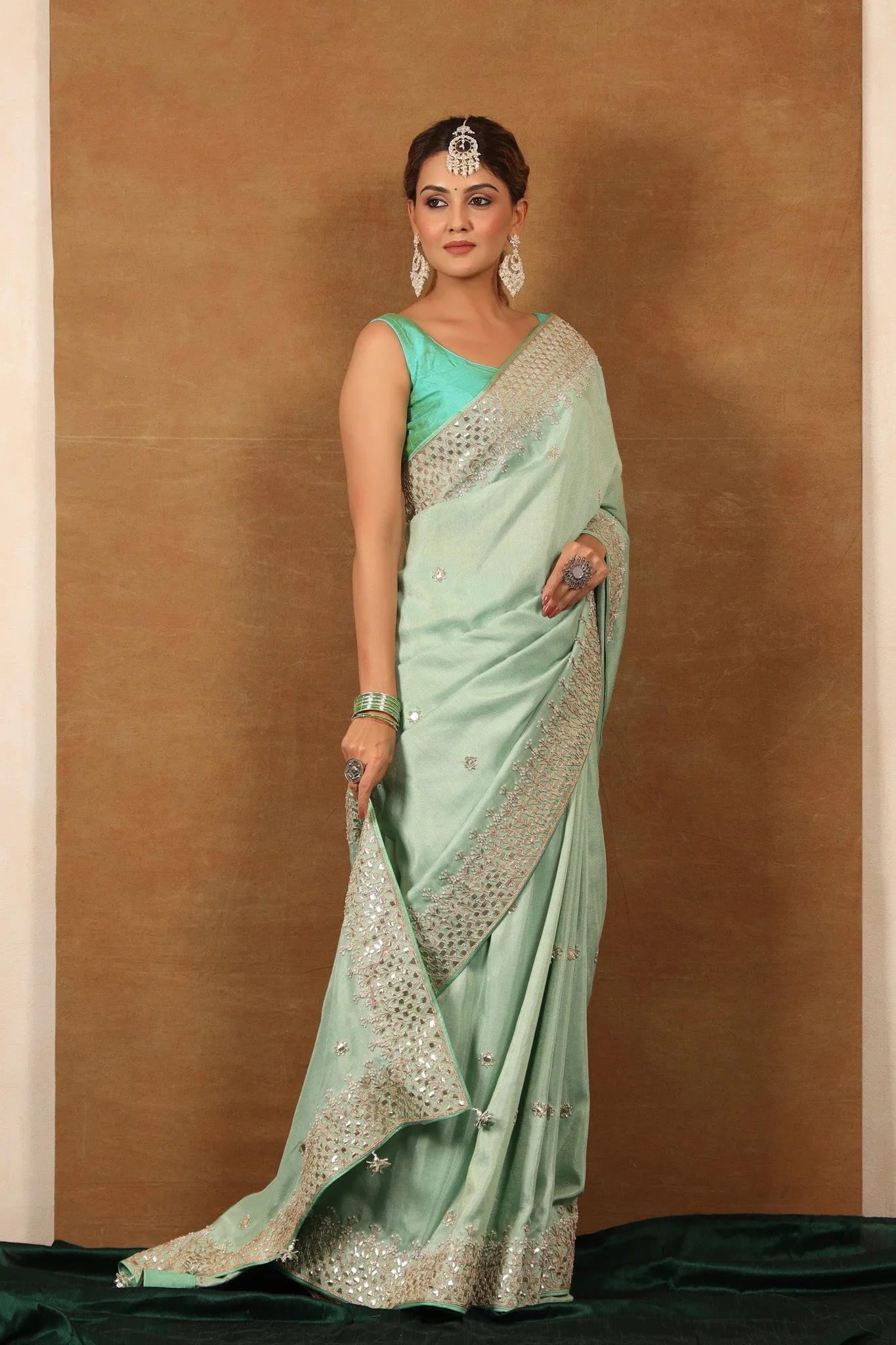 90Z776-RO Mint Green Tussar Georgette Saree with Gota Work Border