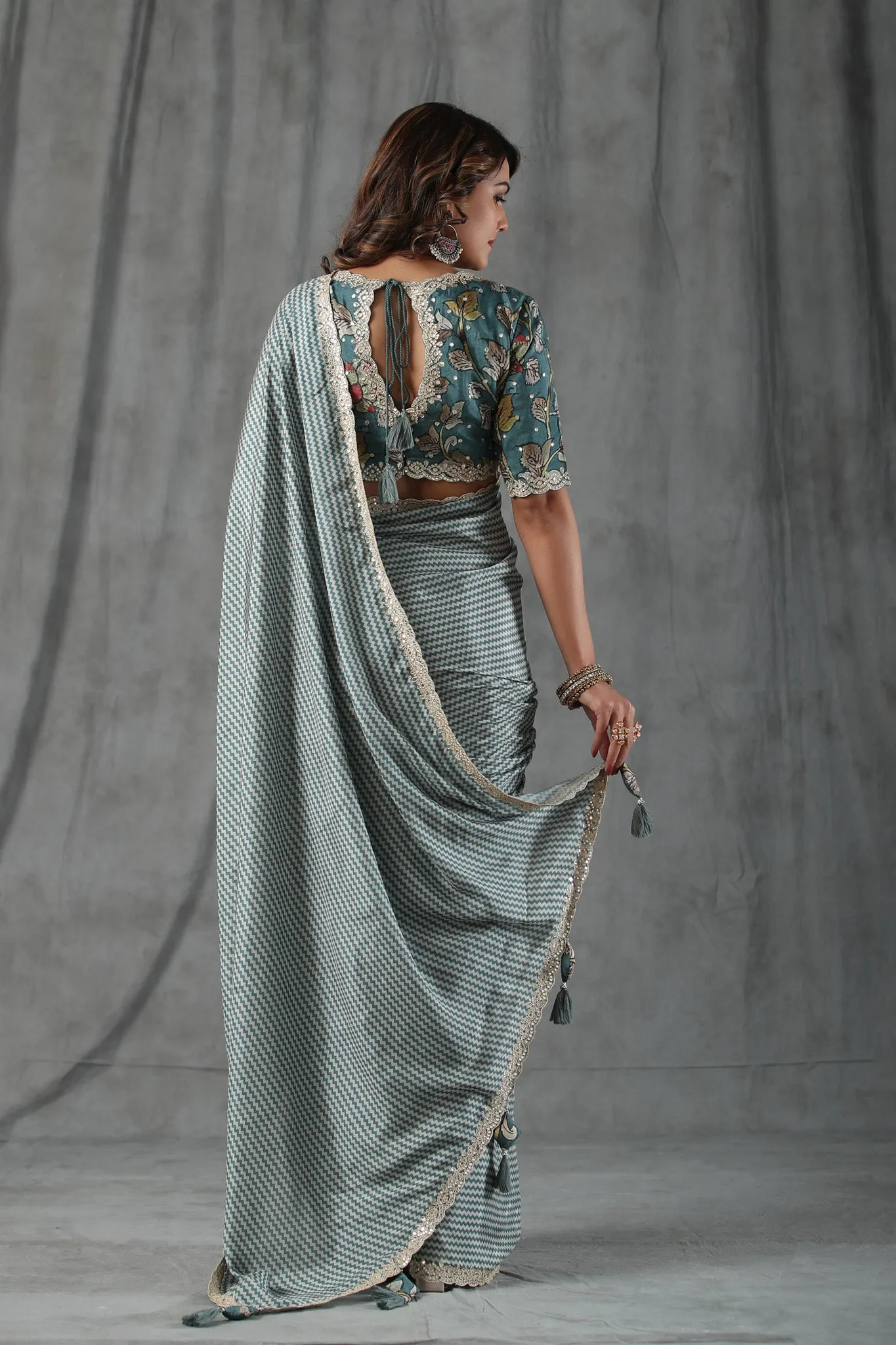 90Z796-RO Sage Green Chevron Print Crepe Saree with Scalloped Border