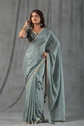 90Z796-RO Sage Green Chevron Print Crepe Saree with Scalloped Border