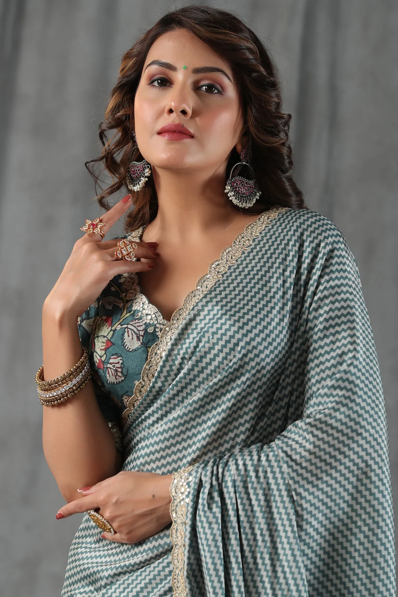 90Z796-RO Sage Green Chevron Print Crepe Saree with Scalloped Border