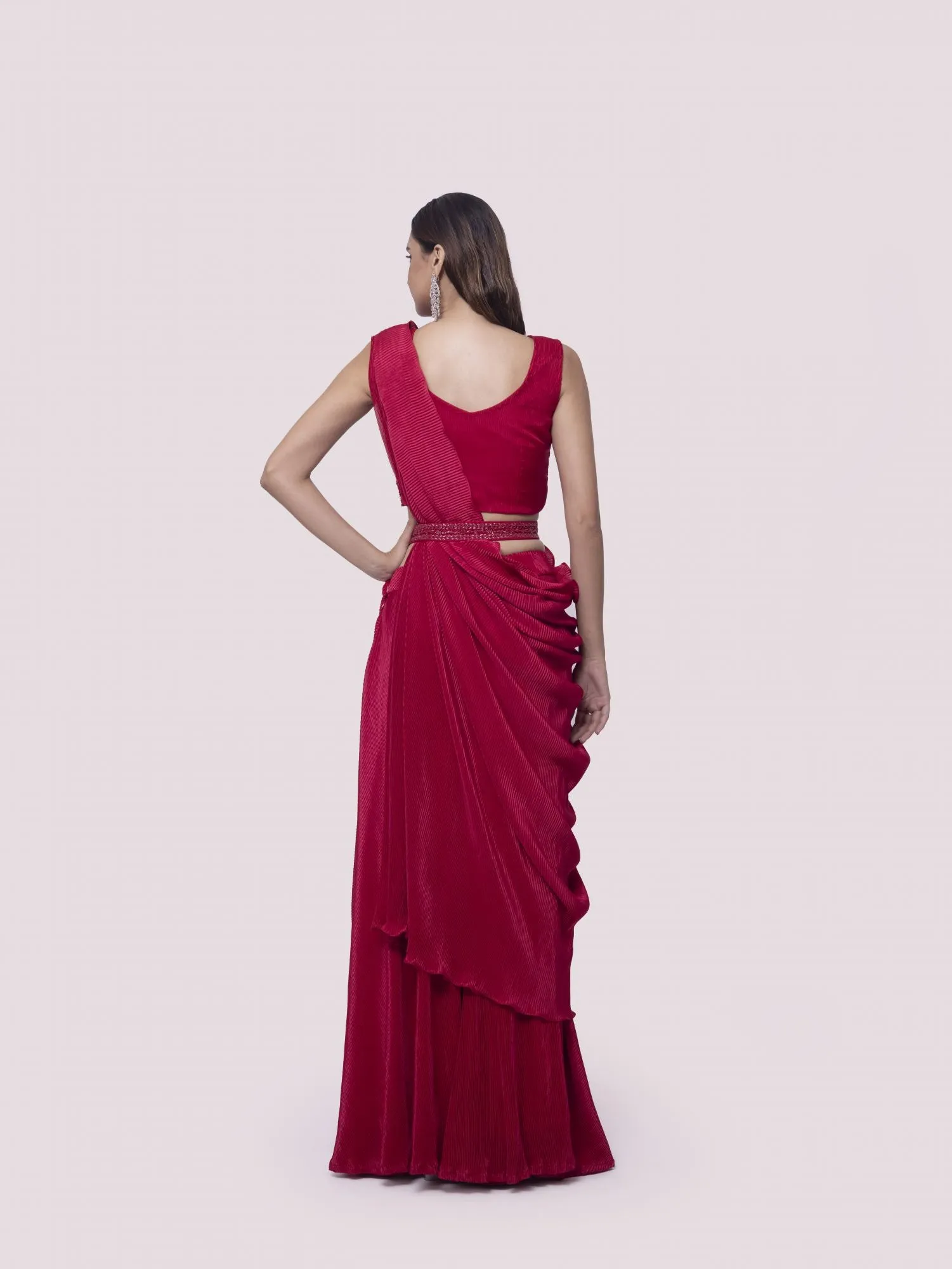 90Z881-RO Red Satin Print Pre stiched Saree Set